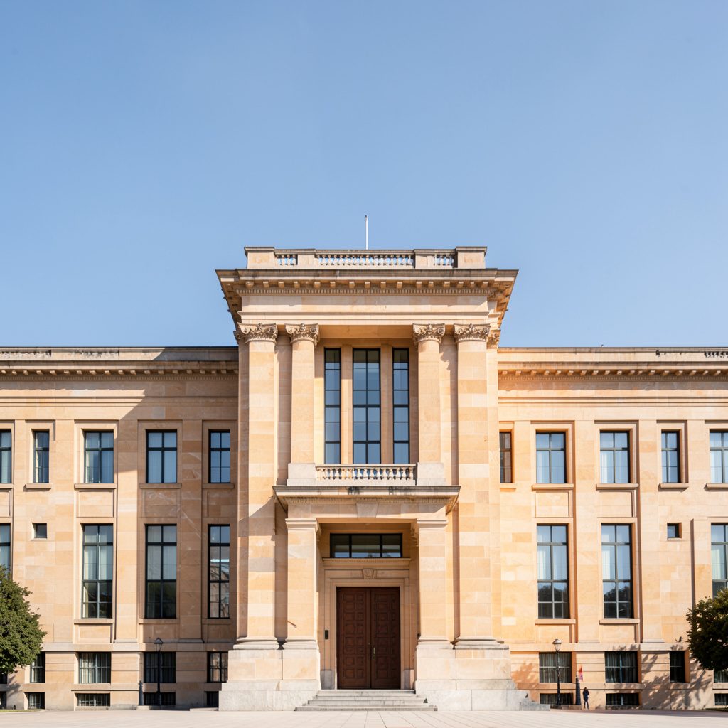 A clean architectural photograph of a stately government building facade with strong symmetry, warm stone tones, and a clear blue sky.