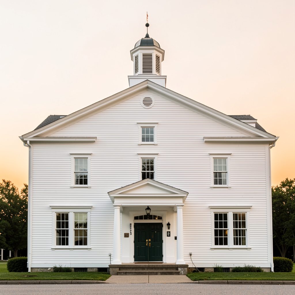 A clean architectural photograph of a historic New England town hall with white clapboard, a central cupola, and strong symmetrical lines.