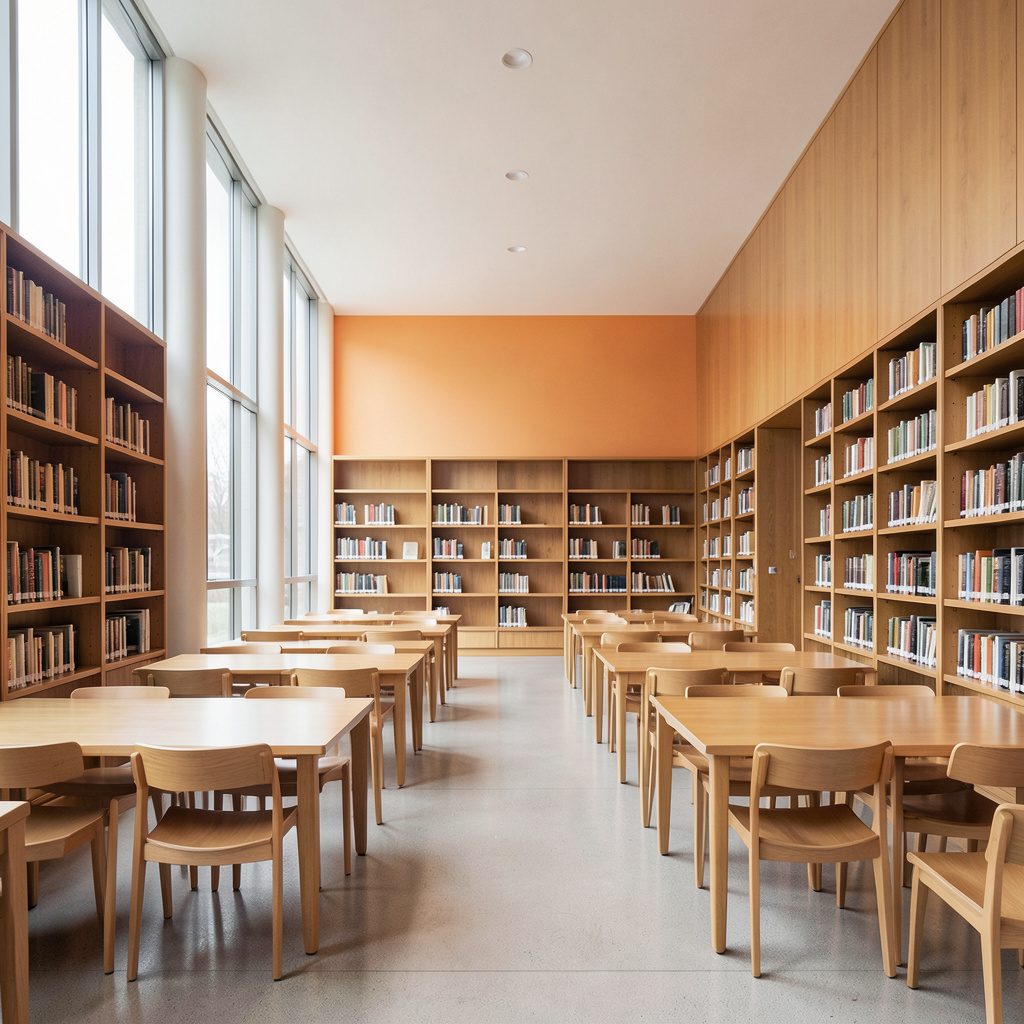 A clean architectural photograph of a public library reading room with tall windows, warm wood shelving, and symmetrical rows of tables.