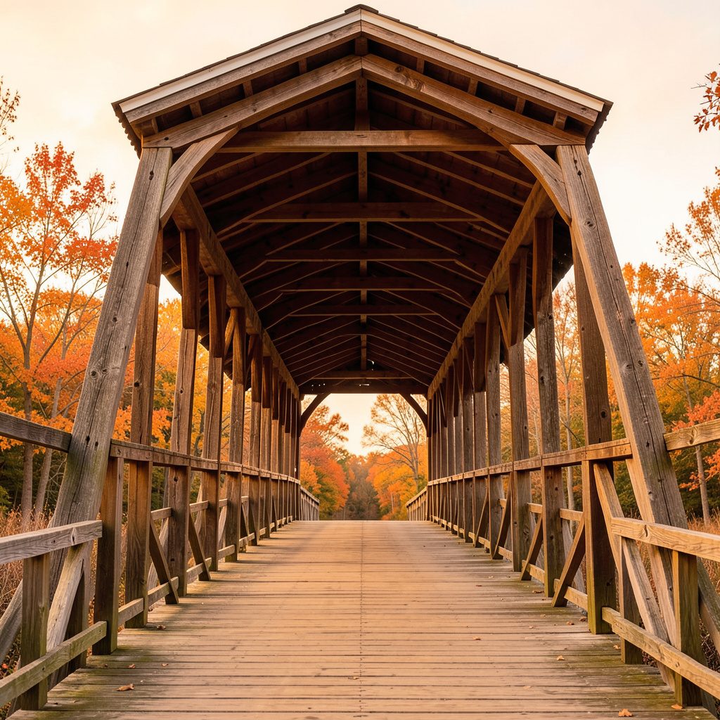 A clean architectural photograph of a Connecticut-style covered bridge in autumn, with strong symmetrical timber framing and warm amber tones.