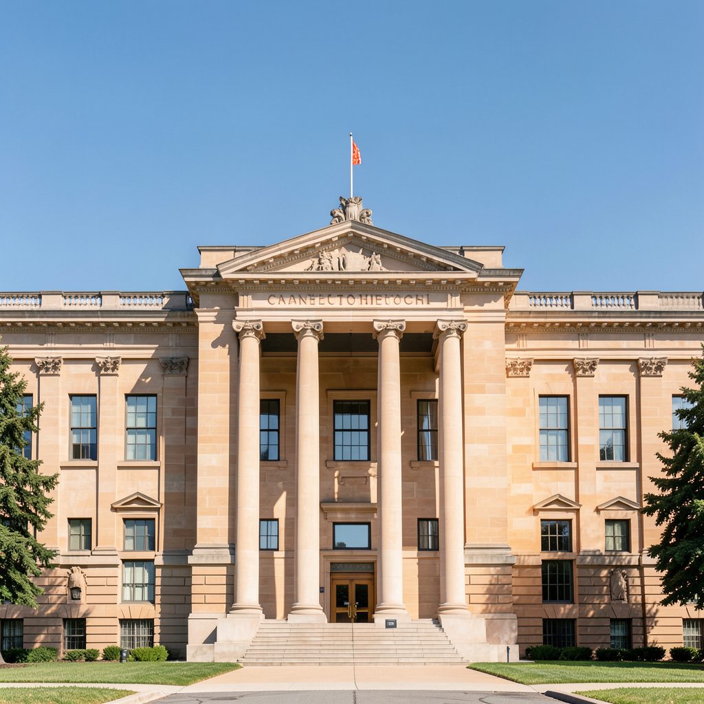 A clean architectural photograph of a stately Connecticut government building facade with strong symmetry, warm stone tones, and a clear blue sky.