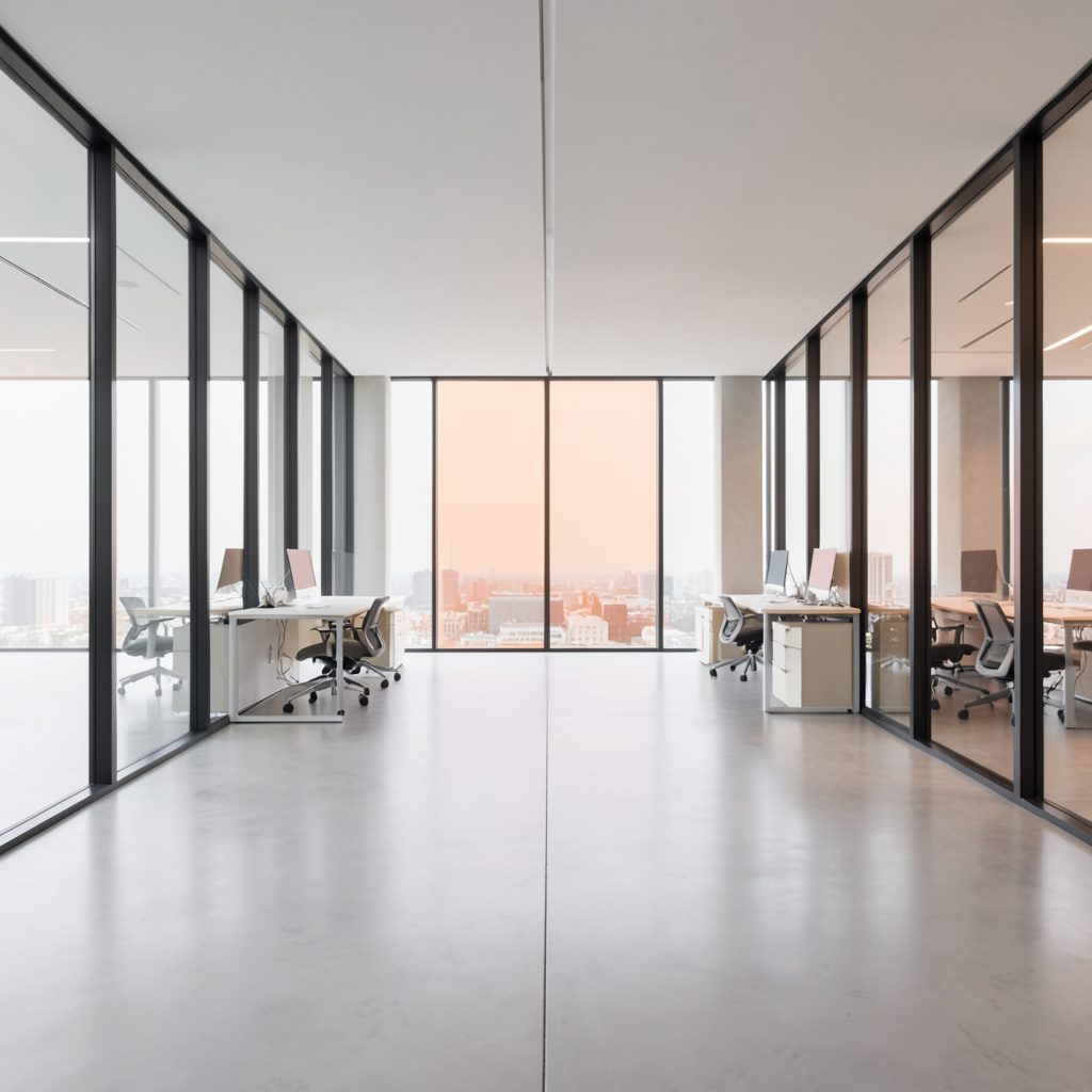 A clean architectural photograph with strong symmetry, depicting a modern open-plan workspace with floor-to-ceiling windows, clean lines, and soft neutral tones.