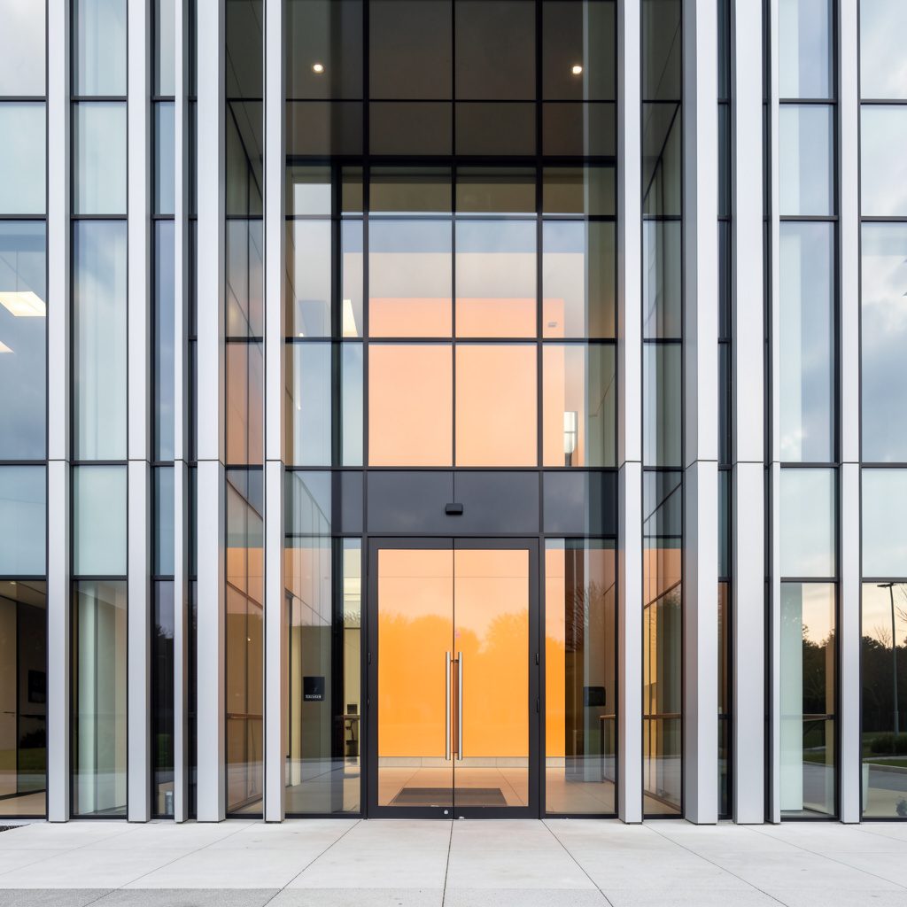 A clean architectural photograph of a modern glass-and-steel building entrance with strong vertical lines and symmetrical composition.