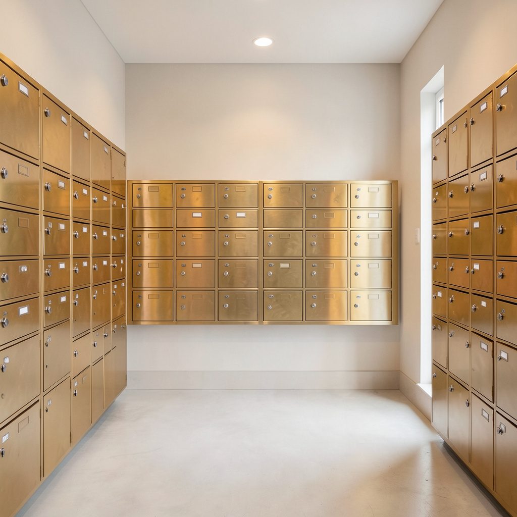 A clean architectural photograph of a post-office interior with brass mailboxes arranged in a symmetrical grid, warm metallic tones, and soft natural light.