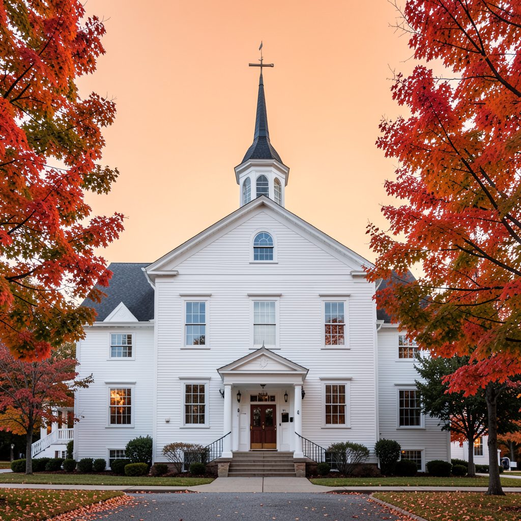 A clean architectural photograph of a New England town hall with strong symmetry, white clapboard, a central cupola, and autumn foliage framing the scene.